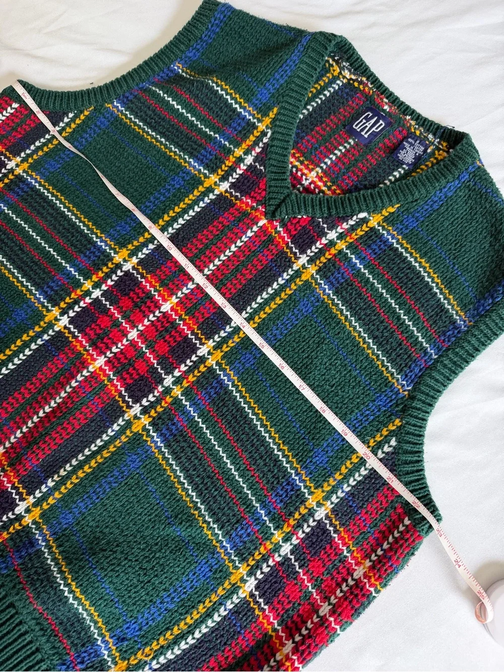 VTG 90s GAP Green Blue Red Holiday Tartan Plaid Knit Sweater Vest 100% Cotton